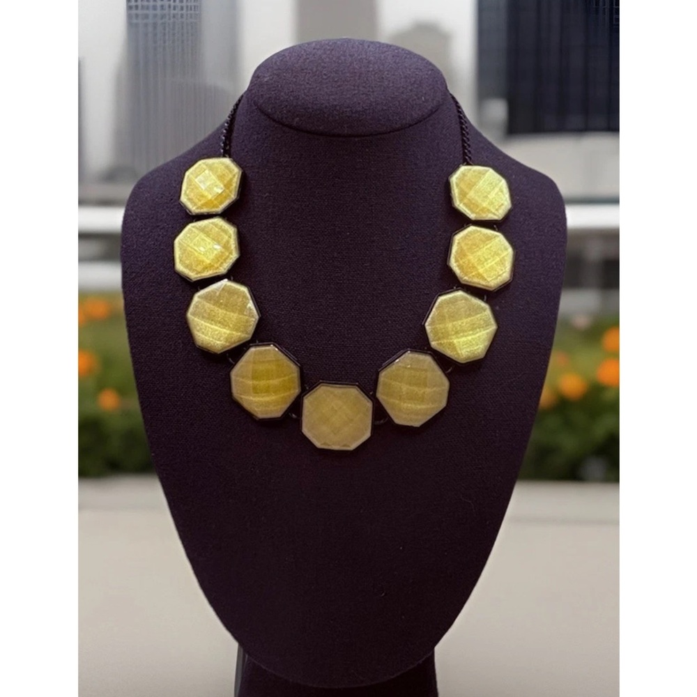 Vintage Retro Yellow Octagonal Links Collar Necklace Black Chain 16-18” NY Co.
